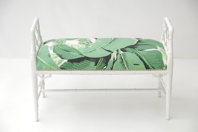 Hollywood Regency Vintage Painted Fretwork Bench in Banana Leaf Fabric For Sale