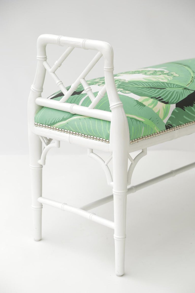 American Vintage Painted Fretwork Bench in Banana Leaf Fabric For Sale