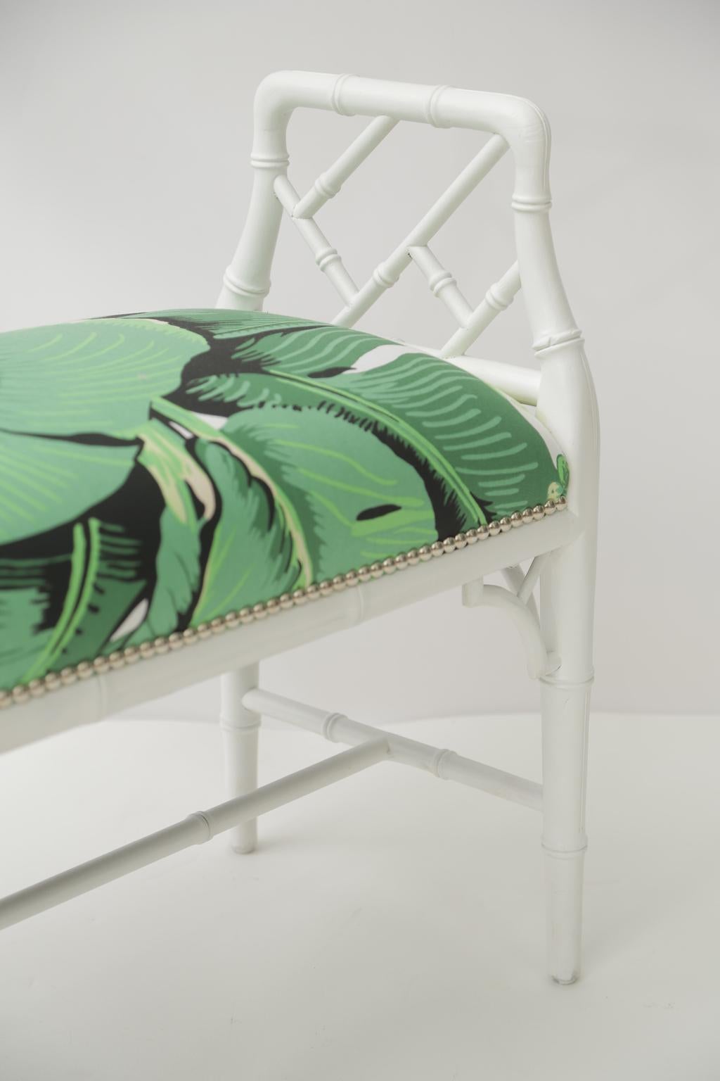 American Vintage Painted Fretwork Bench in Banana Leaf Fabric