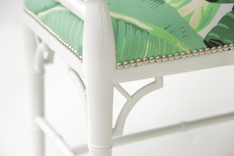 Mid-20th Century Vintage Painted Fretwork Bench in Banana Leaf Fabric For Sale