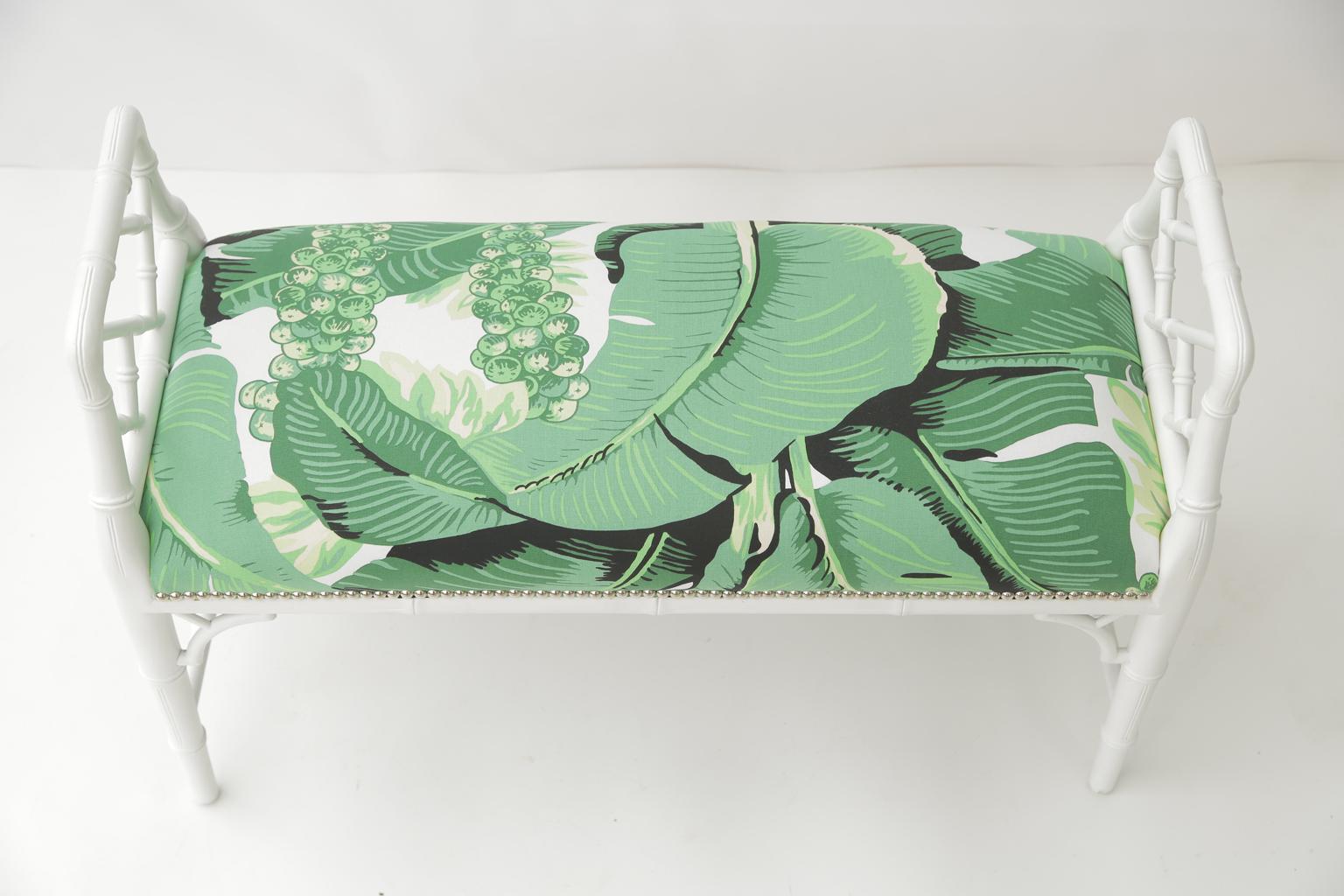 Mid-20th Century Vintage Painted Fretwork Bench in Banana Leaf Fabric