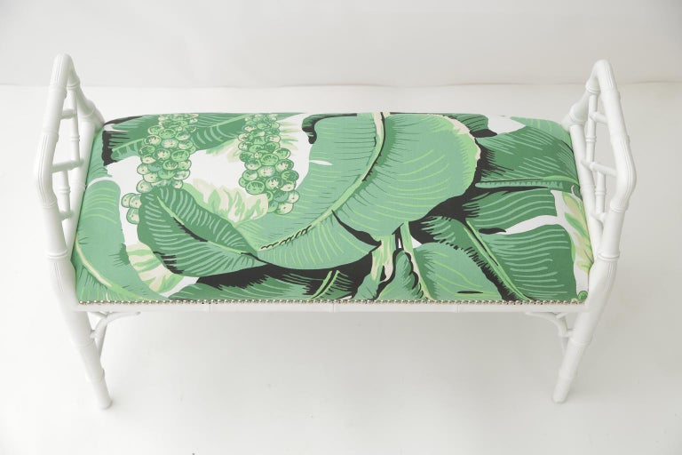 Upholstery Vintage Painted Fretwork Bench in Banana Leaf Fabric For Sale