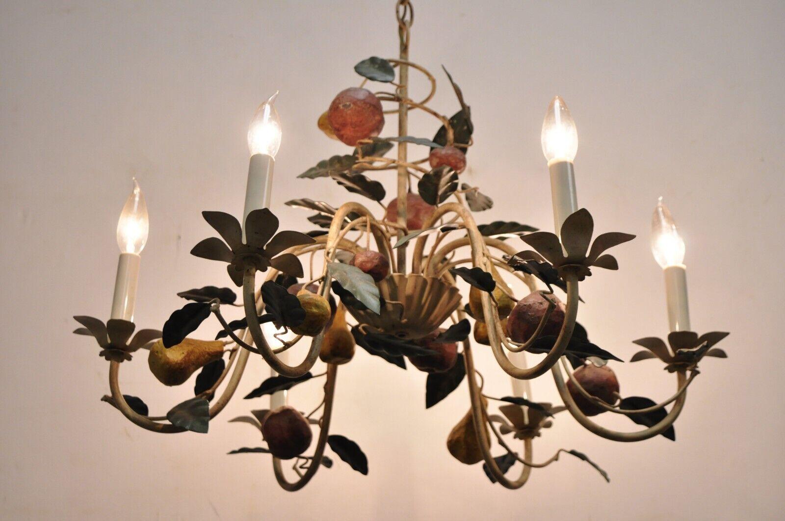 Vintage Painted Fruit Tole Metal French Country Style Light Fixture Chandelier 2
