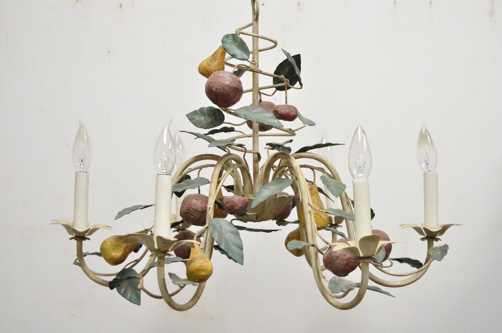 Vintage Painted Fruit Tole Metal French Country Style Light Fixture Chandelier. Item features  (6) lights, fruit accents, painted iron frame, original ceiling cap, distressed finish, very nice vintage item, great style and form. Circa Late 20th
