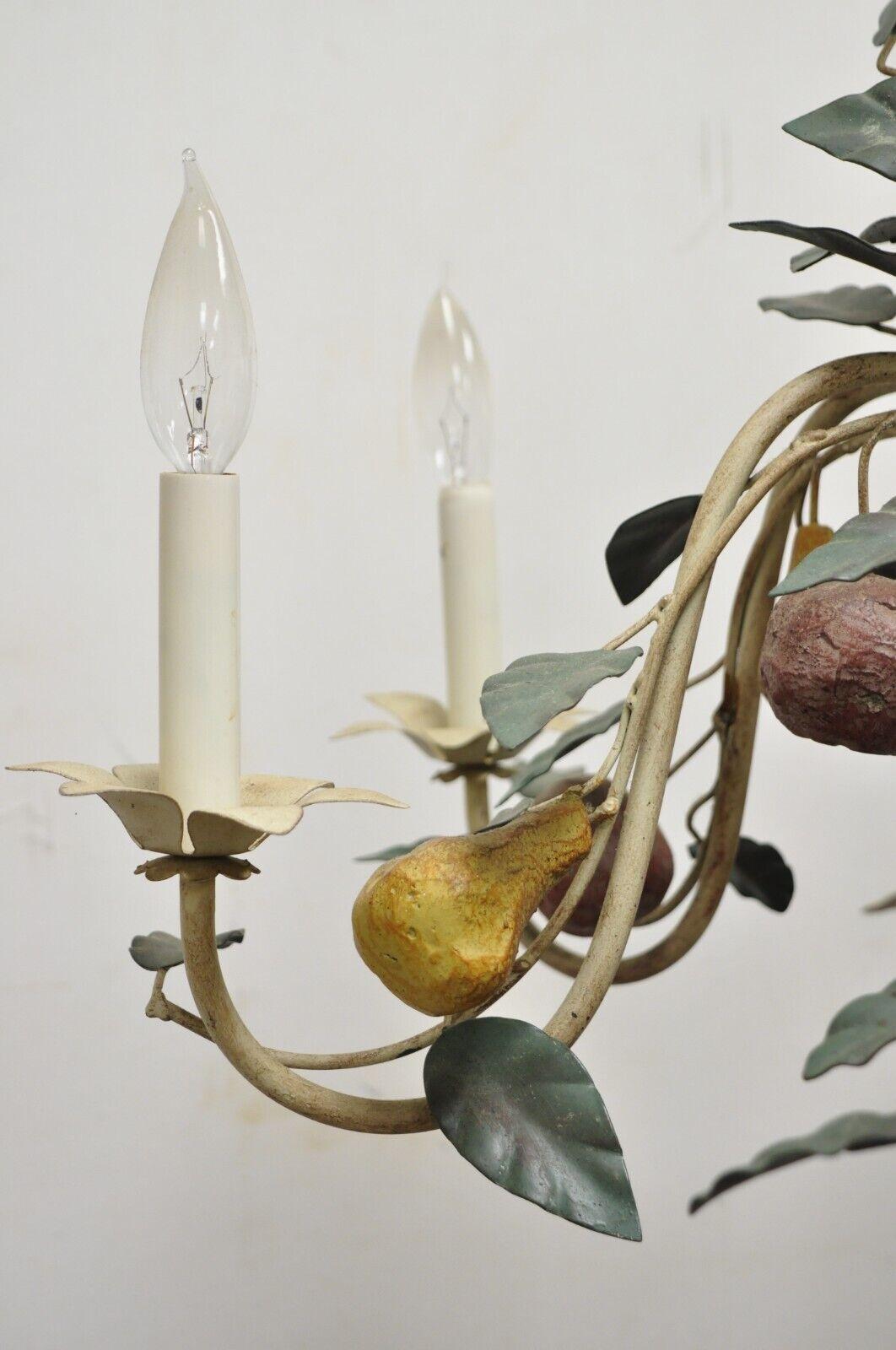 Hollywood Regency Vintage Painted Fruit Tole Metal French Country Style Light Fixture Chandelier