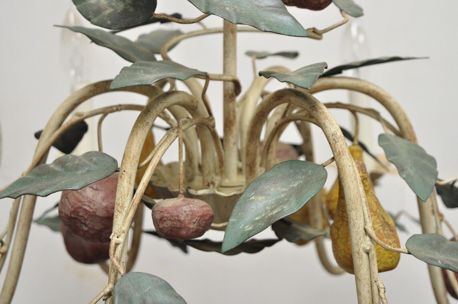 Vintage Painted Fruit Tole Metal French Country Style Light Fixture Chandelier In Good Condition In Philadelphia, PA