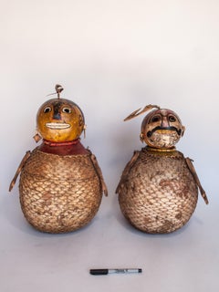 Vintage Painted Gourd Couple, Folk Art from Lombok, Indonesia, Late 20th Century