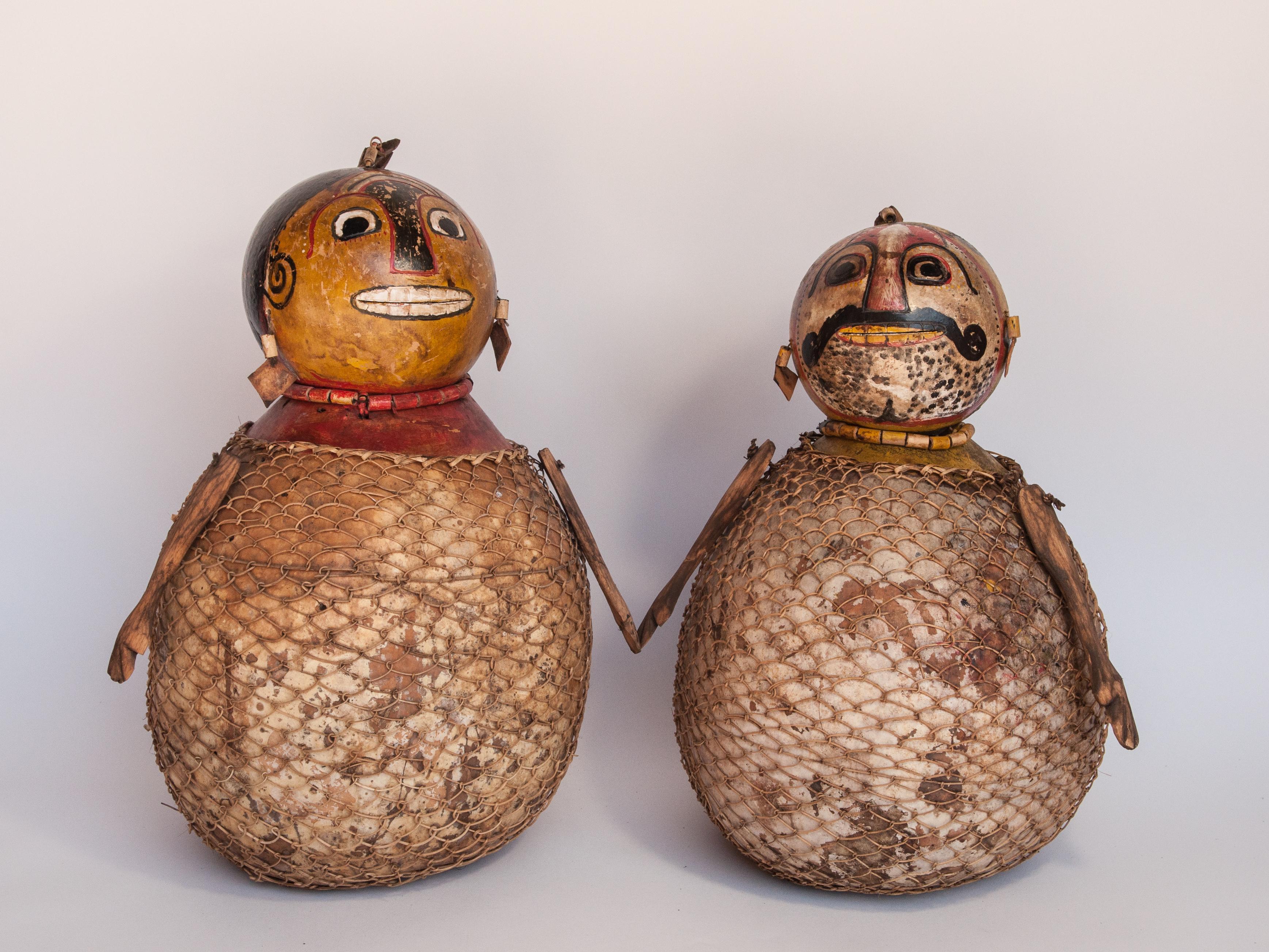 Indonesian Vintage Painted Gourd Couple, Folk Art from Lombok, Indonesia, Late 20th Century