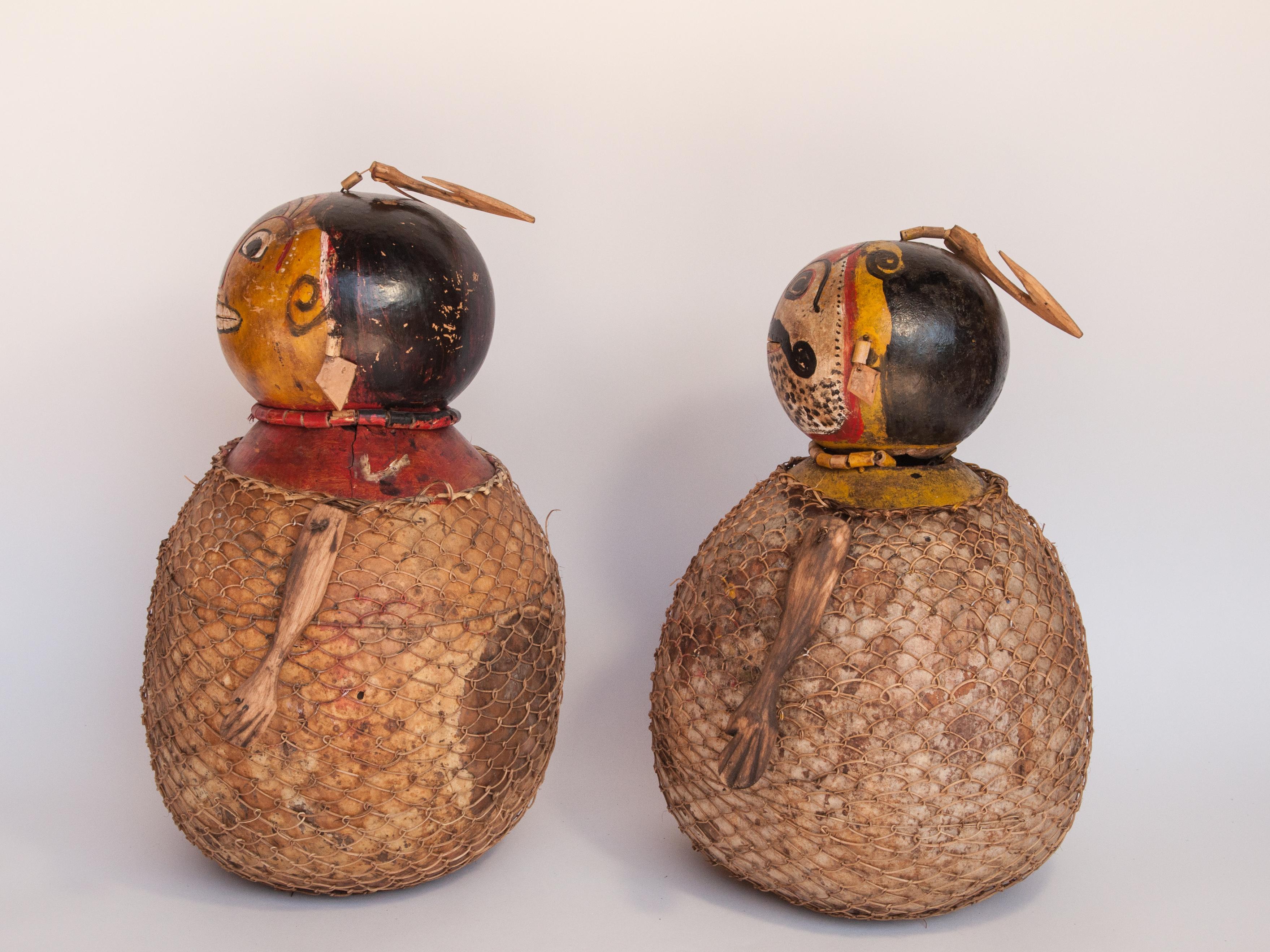 Hand-Crafted Vintage Painted Gourd Couple, Folk Art from Lombok, Indonesia, Late 20th Century