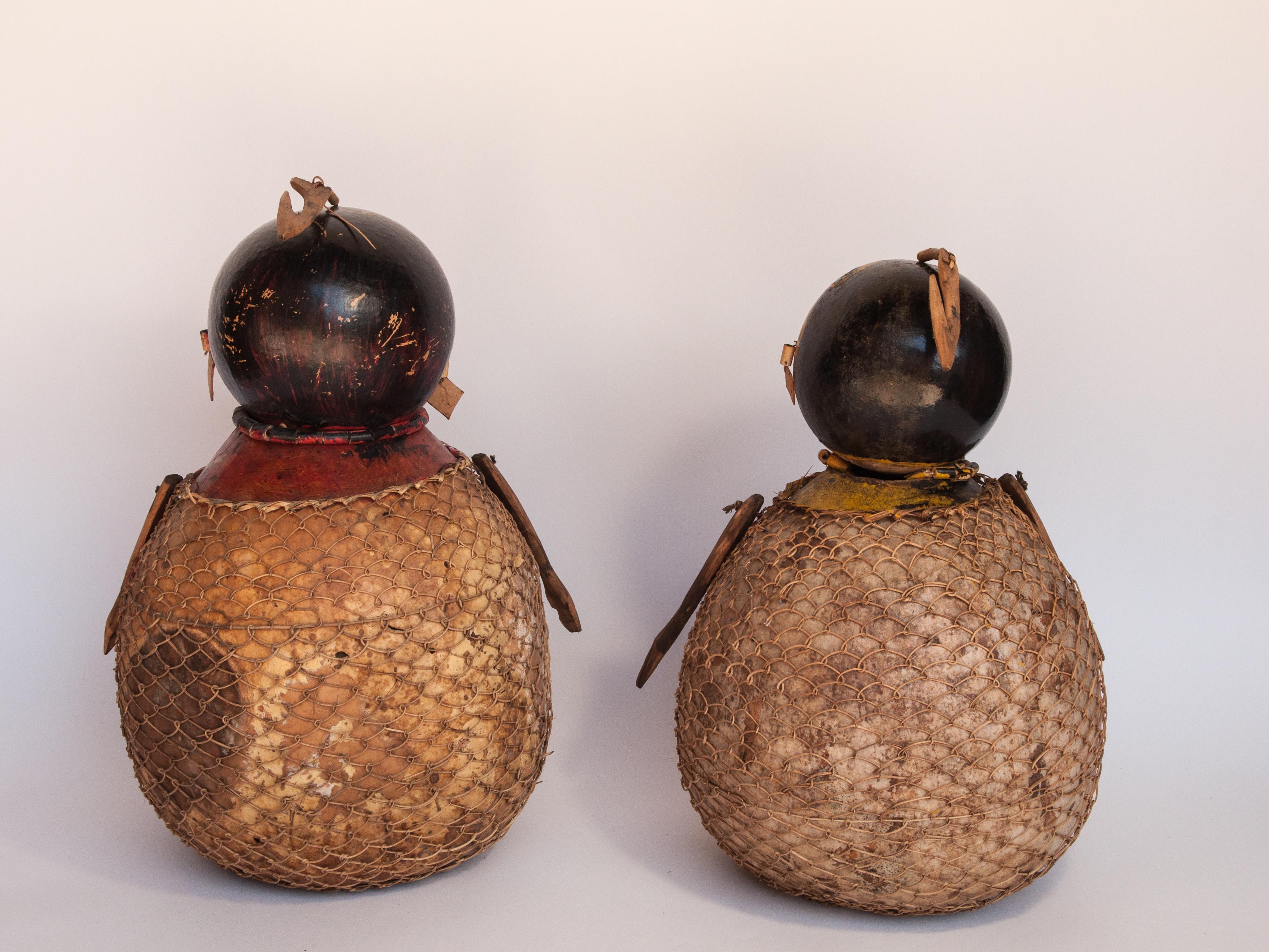 Vintage Painted Gourd Couple, Folk Art from Lombok, Indonesia, Late 20th Century In Fair Condition In Point Richmond, CA