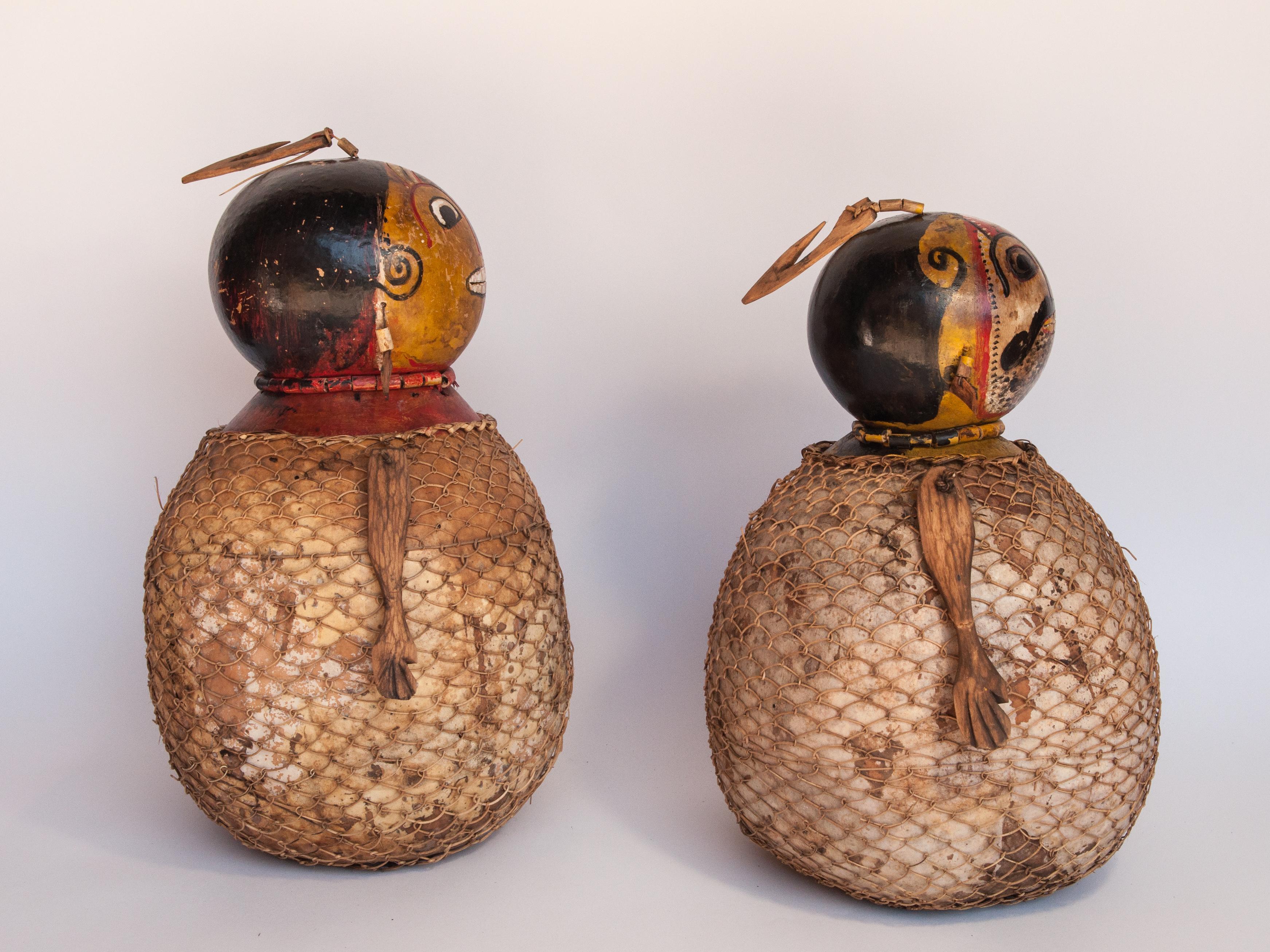 Mother-of-Pearl Vintage Painted Gourd Couple, Folk Art from Lombok, Indonesia, Late 20th Century