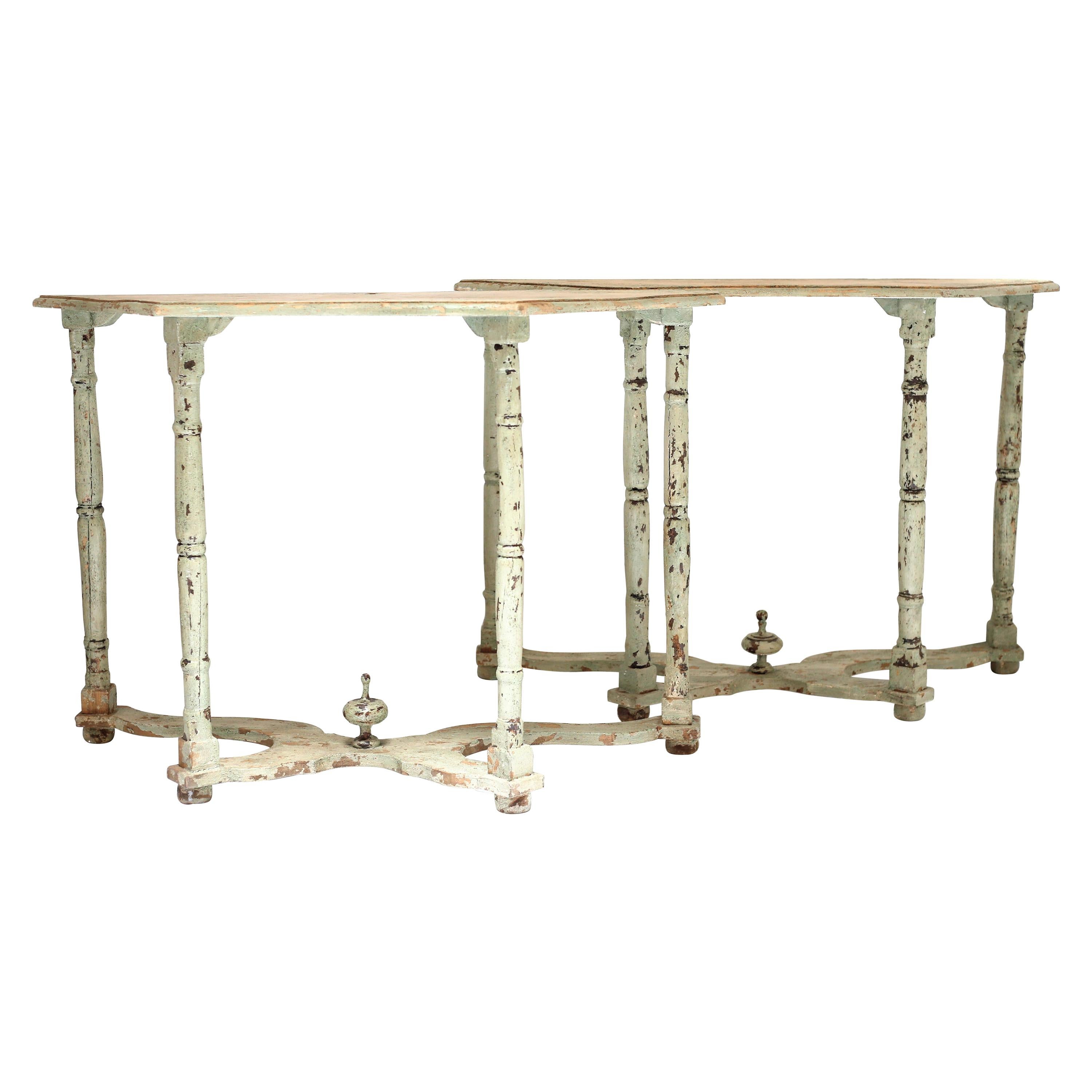 Pair of Vintage Painted Green Console Tables For Sale