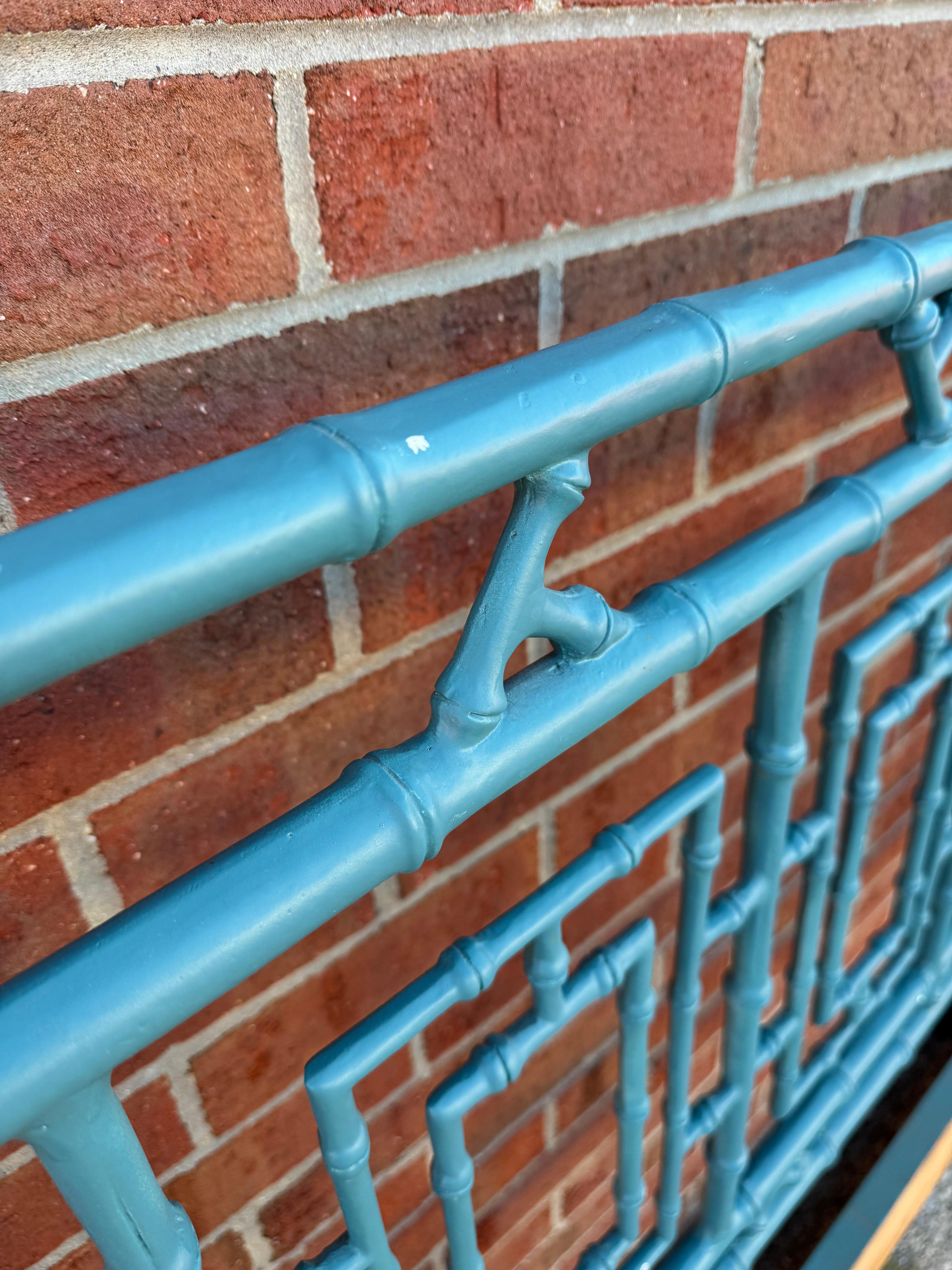 Vintage Painted Green King-Size Faux Bamboo Iron Headboard For Sale 4
