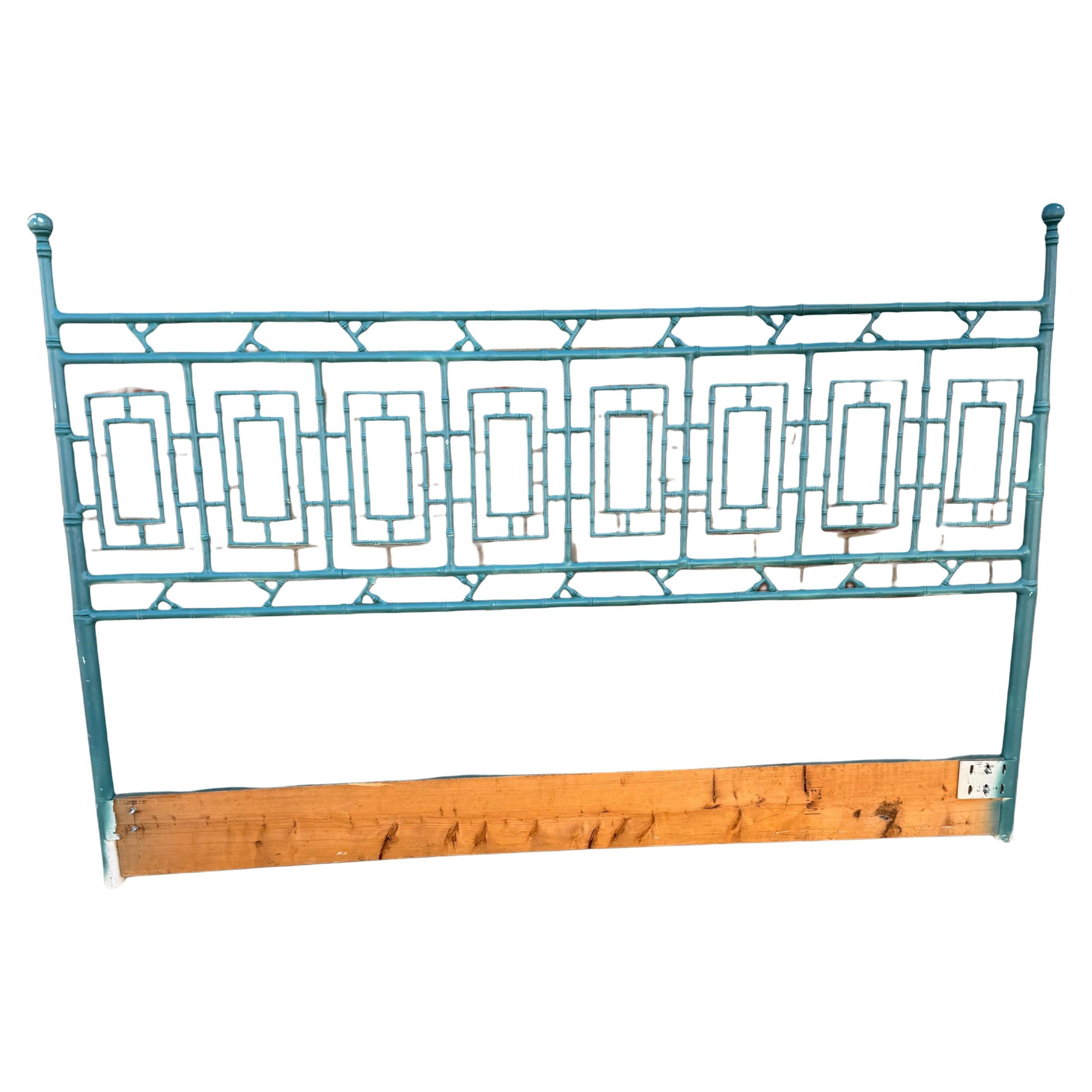 Vintage Painted Green King-Size Faux Bamboo Iron Headboard