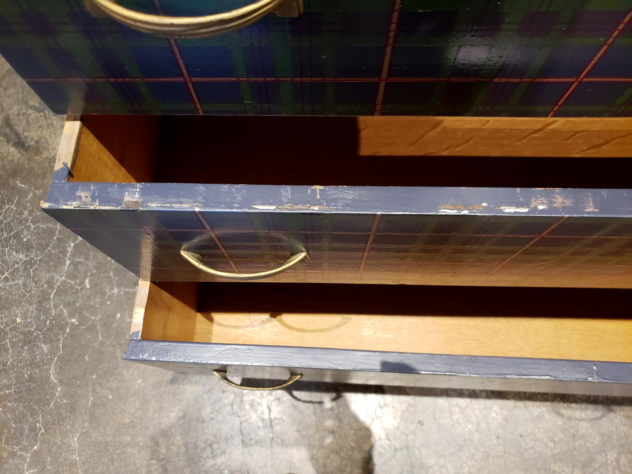 North American Vintage Painted High Chest in Black with Mackenzie Tartan Plaid Pattern Drawers