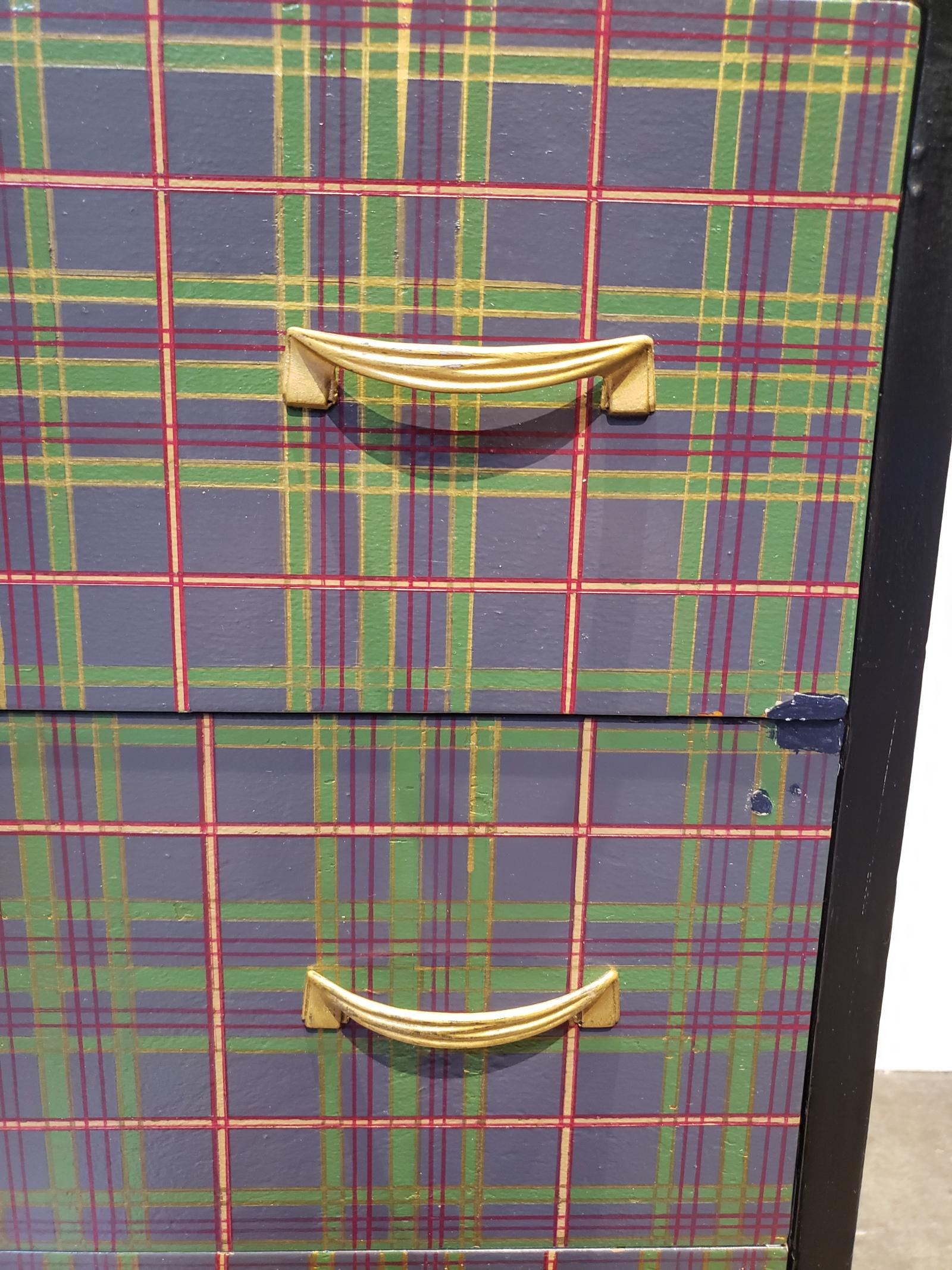 Hand-Painted Vintage Painted High Chest in Black with Mackenzie Tartan Plaid Pattern Drawers
