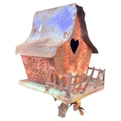 Vintage Painted Iron Bird House Feeding Stand Tripod