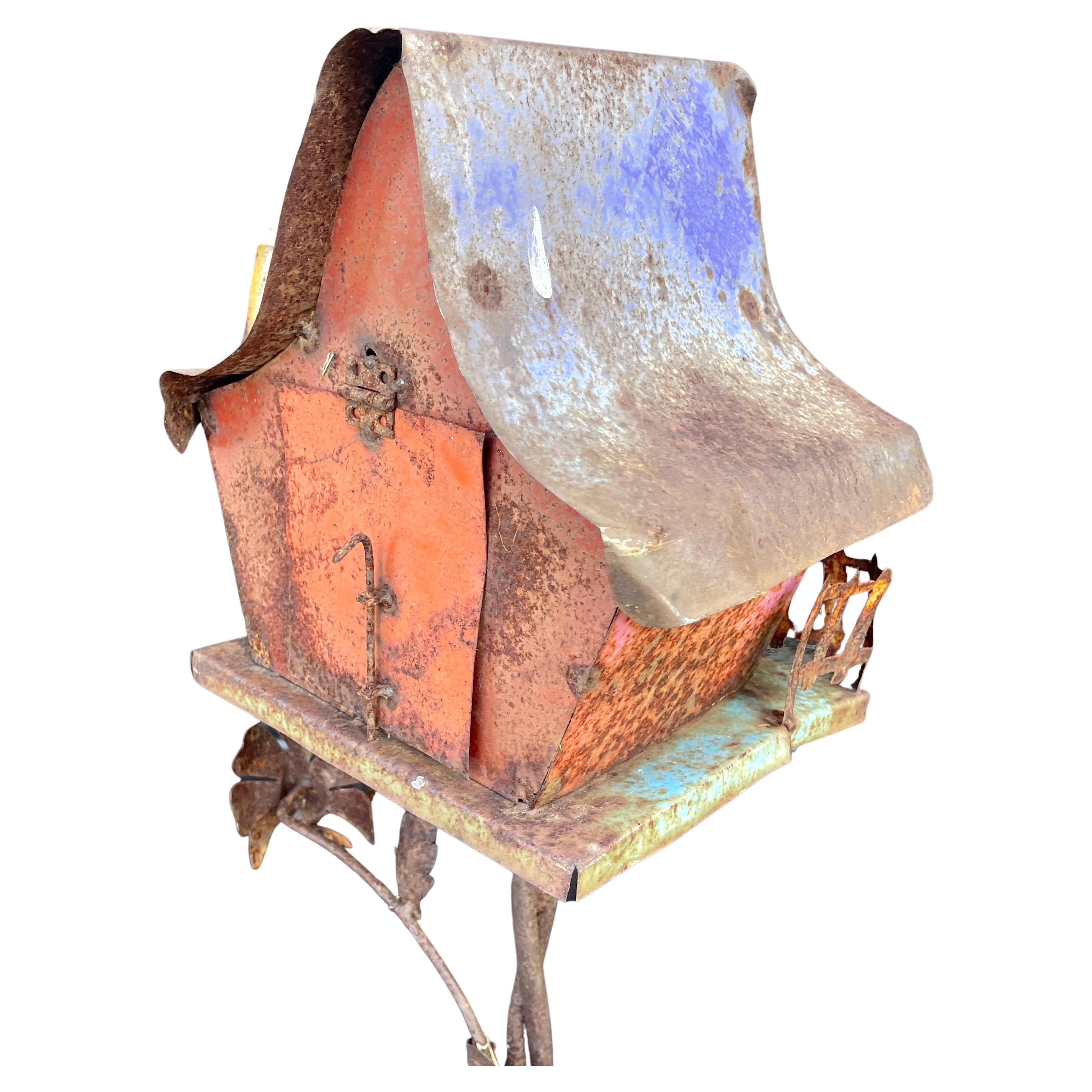 Hand-Crafted Vintage Painted Iron Bird House Feeding Stand Tripod