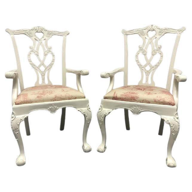 Painted Mahogany Chippendale Ball in Claw Arm Chairs - Pair