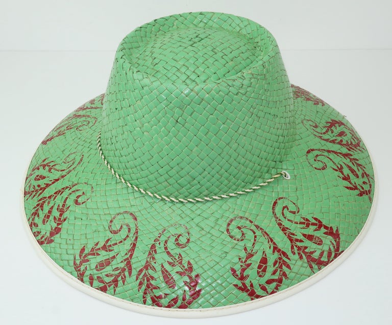 Vintage Painted Mint Green Straw Beach Hat at 1stDibs