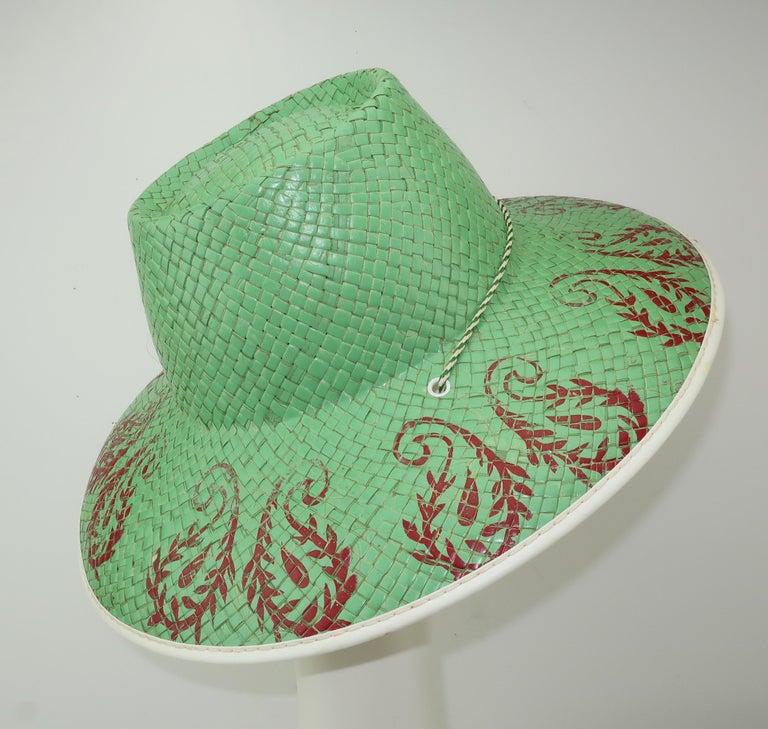 Vintage Painted Mint Green Straw Beach Hat at 1stDibs