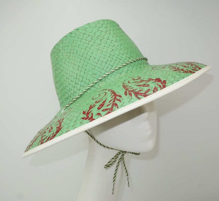 Vintage Painted Mint Green Straw Beach Hat at 1stDibs