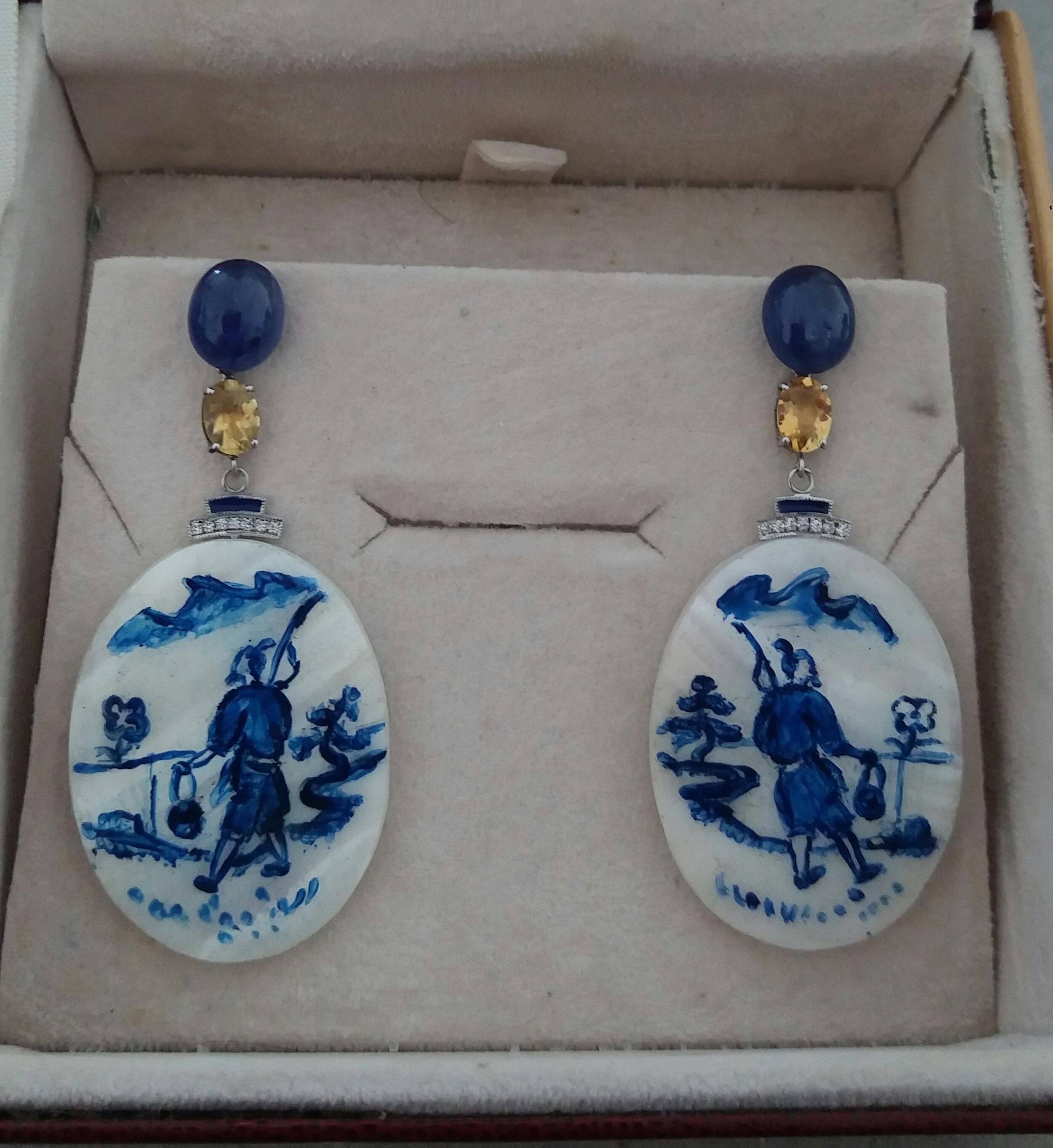 Mixed Cut Vintage Painted Mother of Pearl Gold Diamonds Sapphires Citrine Enamel Earrings For Sale