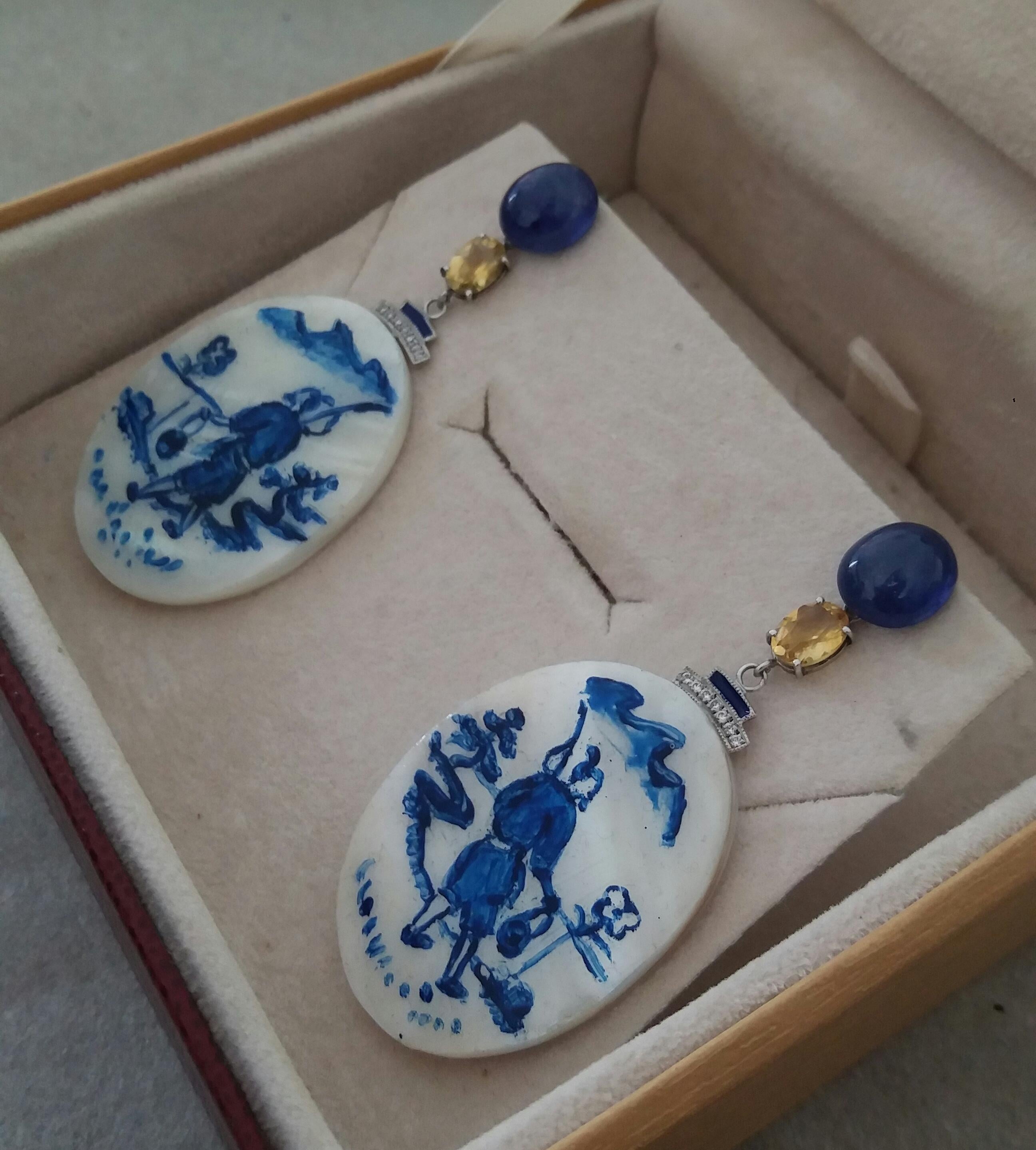 Vintage Painted Mother of Pearl Gold Diamonds Sapphires Citrine Enamel Earrings In Good Condition For Sale In Bangkok, TH