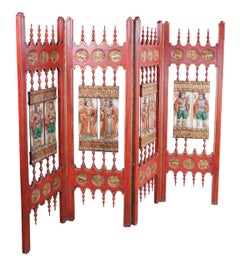 Vintage Painted Oak Gothic Medieval 4 Panel Room Divider Folding Screen 80"
