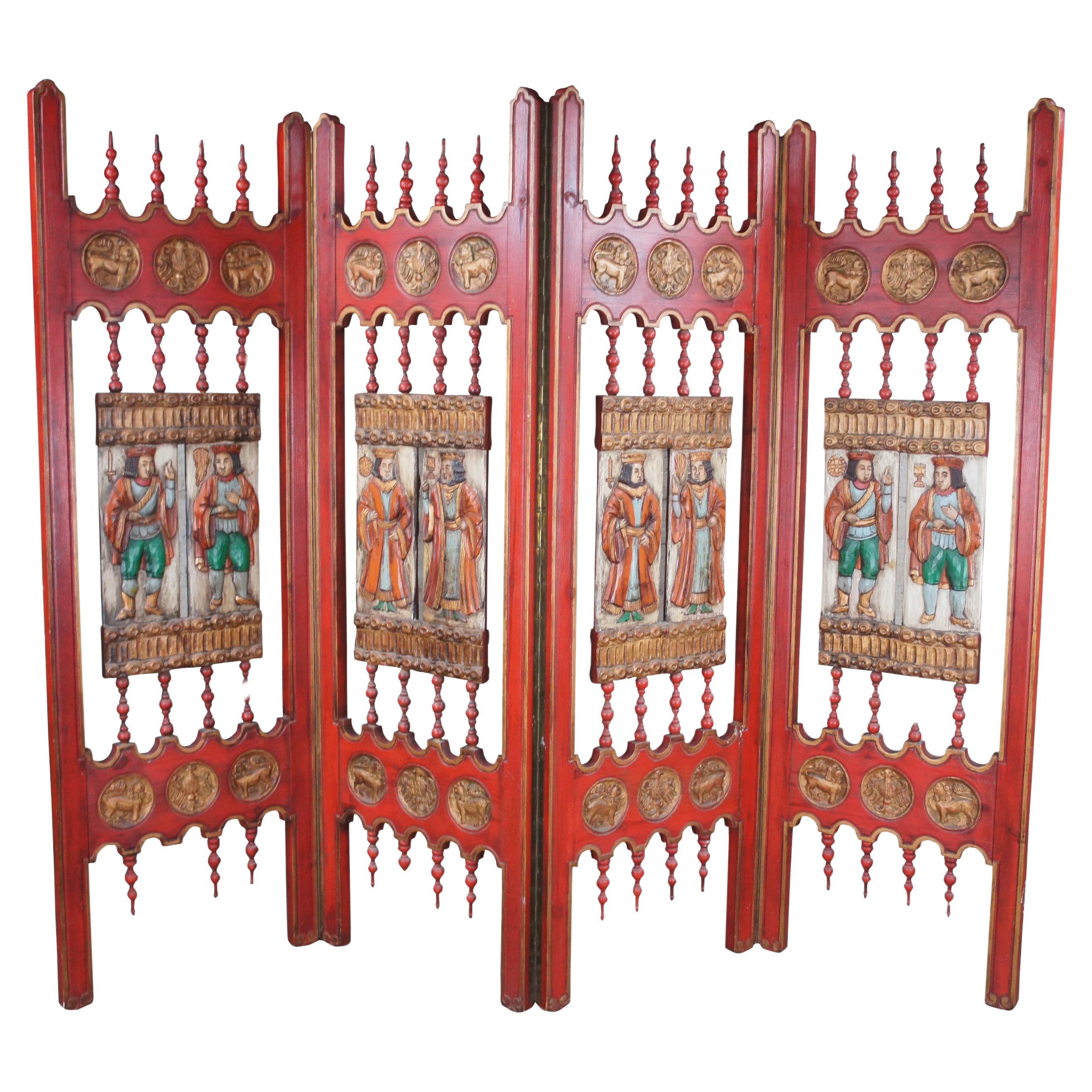 Vintage Painted Oak Gothic Medieval 4 Panel Room Divider Folding Screen 80"