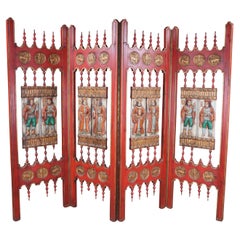Vintage Painted Oak Gothic Medieval 4 Panel Room Divider Folding Screen 80"