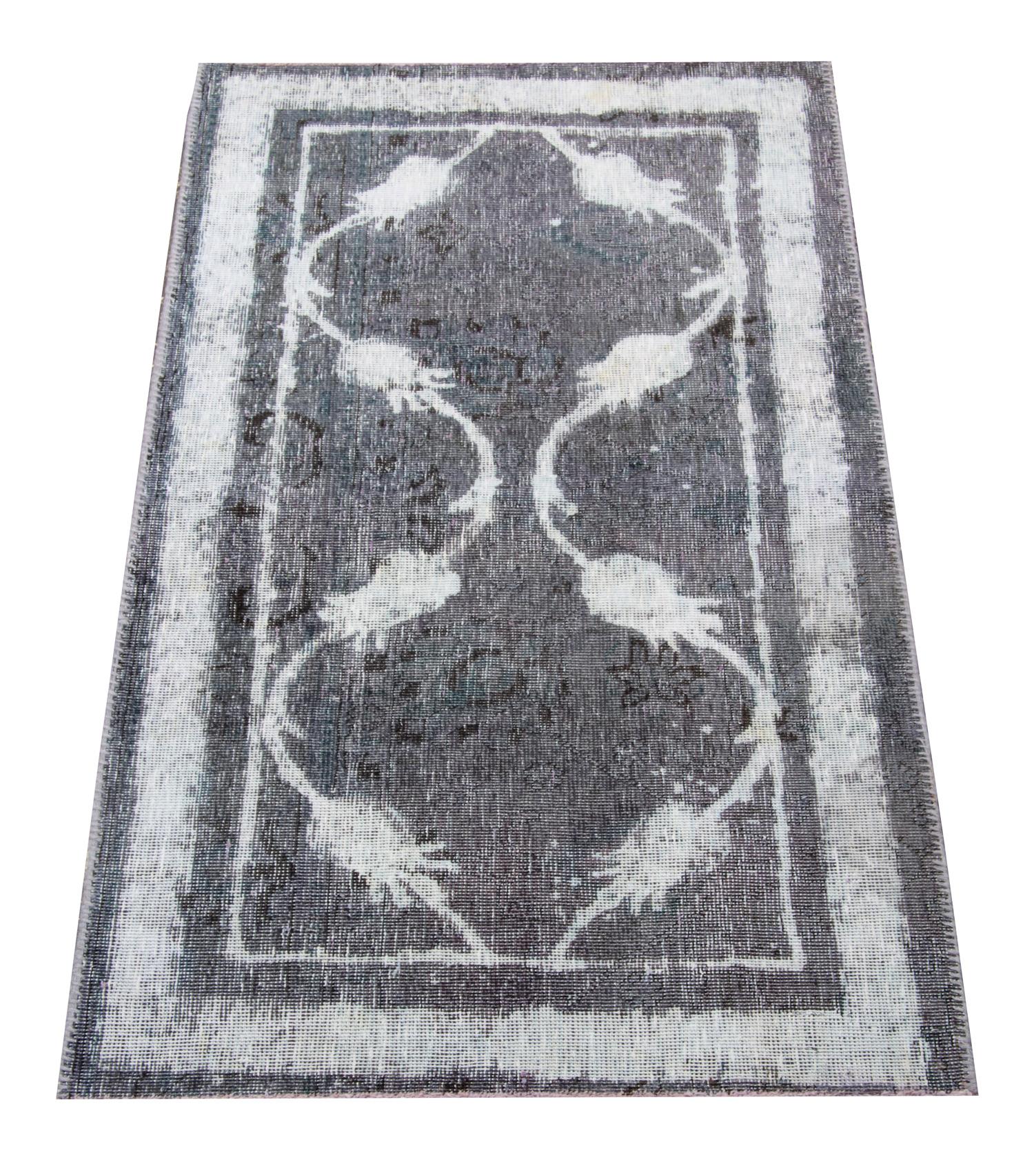 Reloaded overdyed and repainted floral style oriental rug is one of the best choices as Home decor objects and this brown rug has been distressed and over-dyed and repainted to achieve modern rugs and industrial design in a singular coffee brown rug