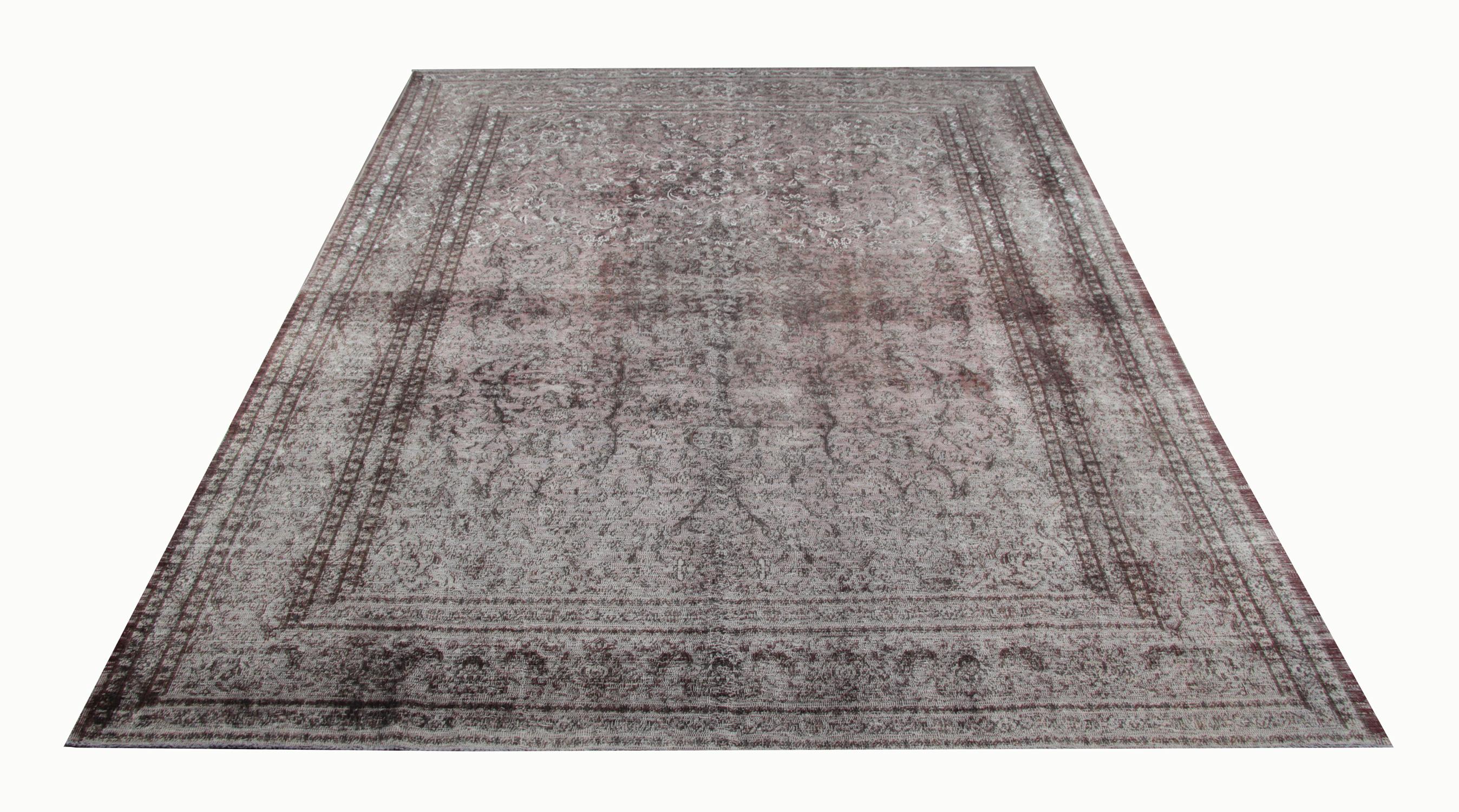 Distressed overdyed Persian style rug is one of the best choices as Home decor objects and this grey rug has been distressed and over-dyed to achieve modern rugs and Industrial Design in a singular coffee brown rug color. Vintage rugs 1960s. This