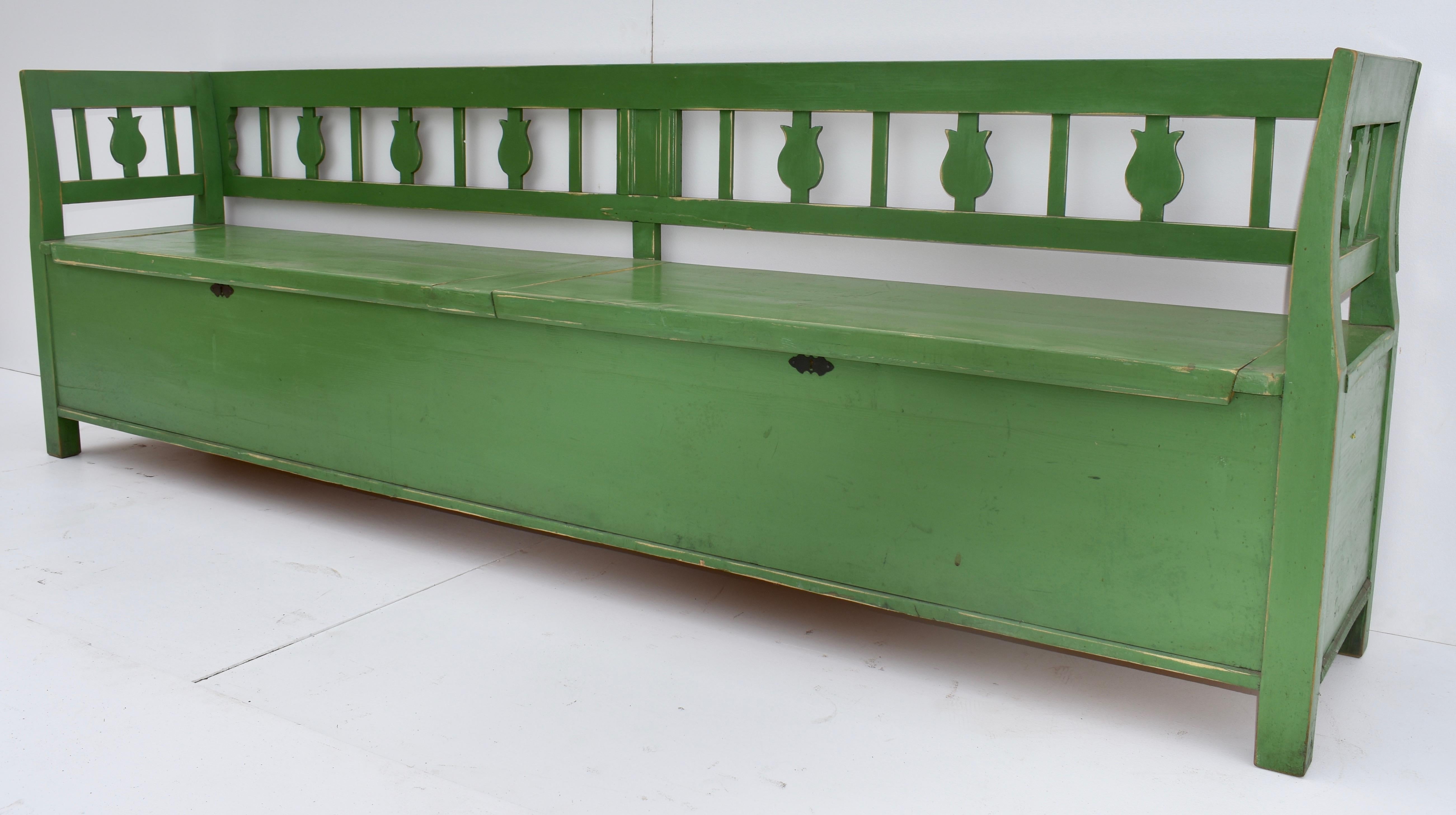Hungarian Vintage Painted Pine and Oak Storage Bench or Settle