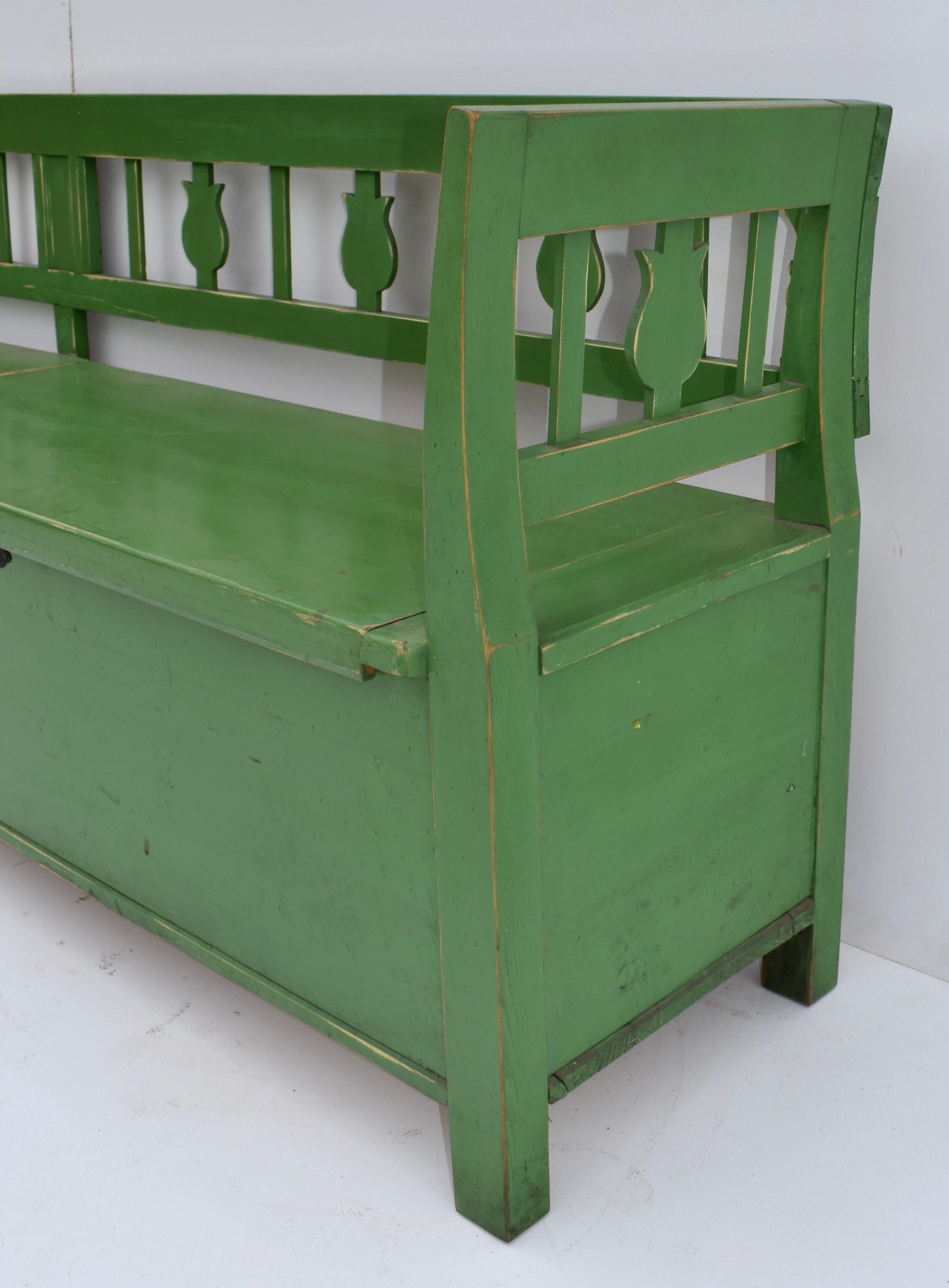 Hand-Painted Vintage Painted Pine and Oak Storage Bench or Settle