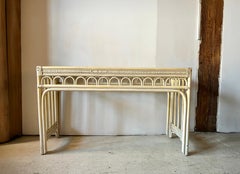 Vintage Painted Rattan Cream Console Table, Unrestored Condition
