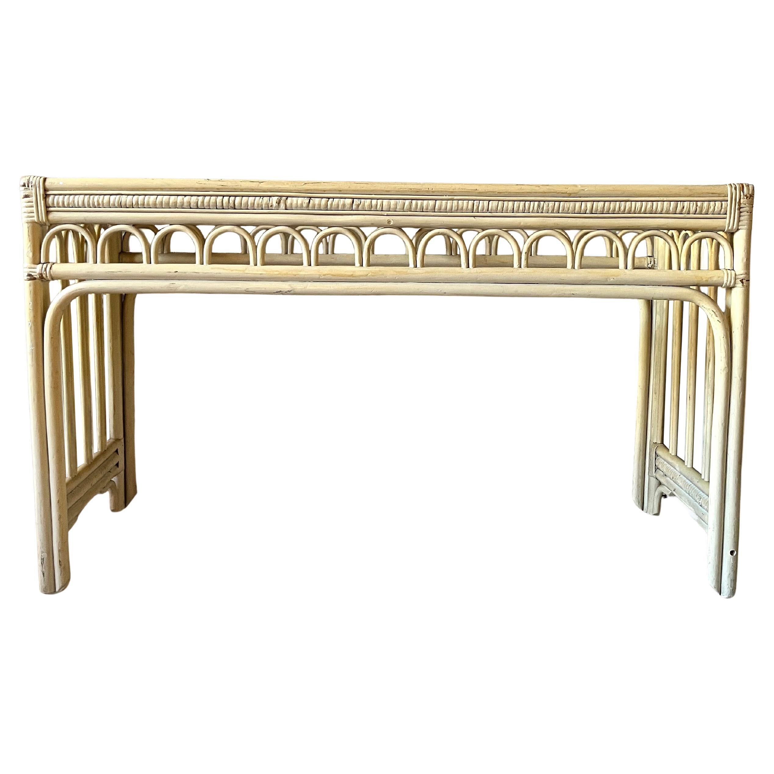 Vintage Painted Rattan Cream Console Table, Unrestored Condition For Sale