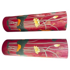 Vintage Painted Red Chinoiserie Pedestals , a pair