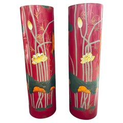 Vintage Painted Red Chinoiserie Pedestals , a pair