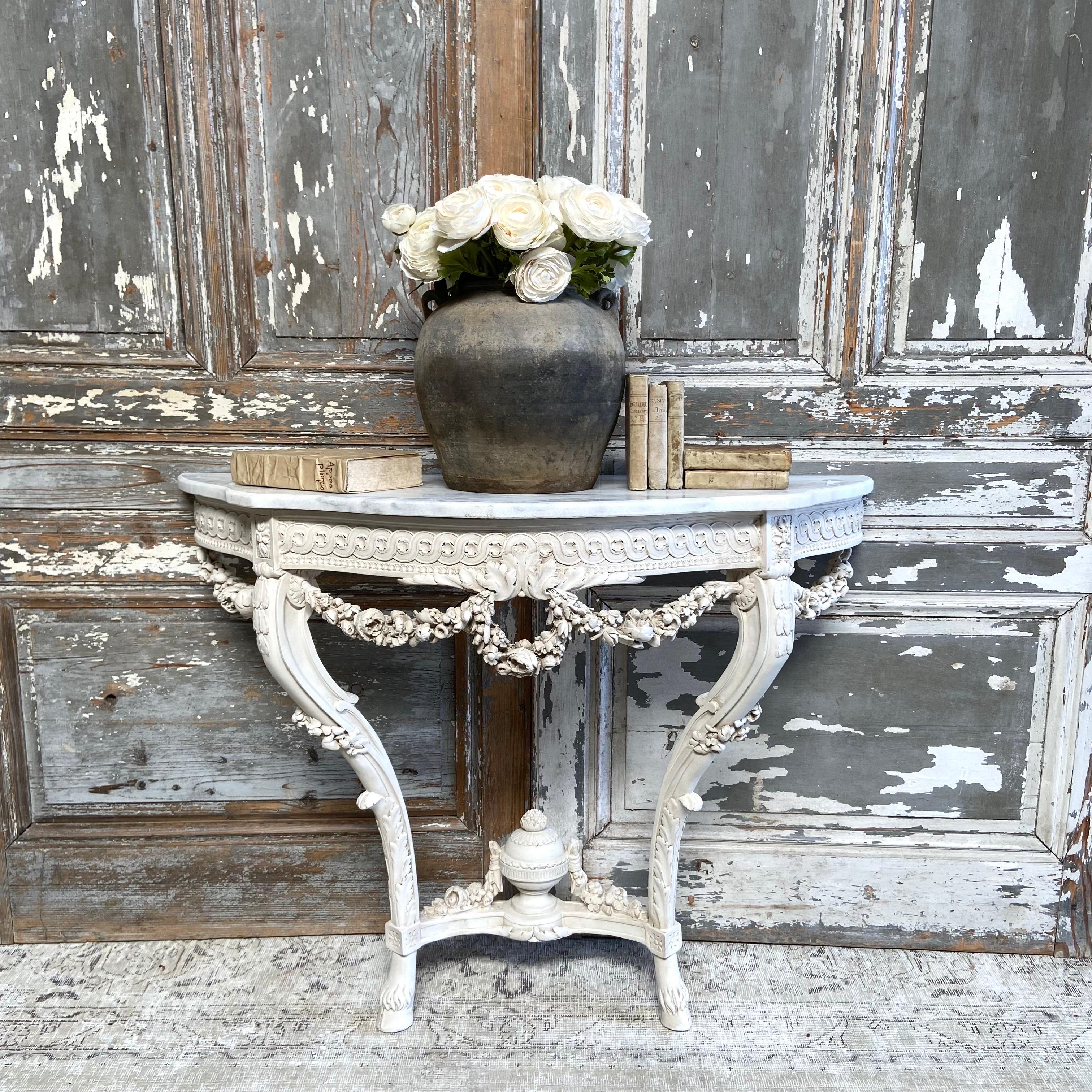 Vintage Painted Rose Swag Console Table with Marble Top 6