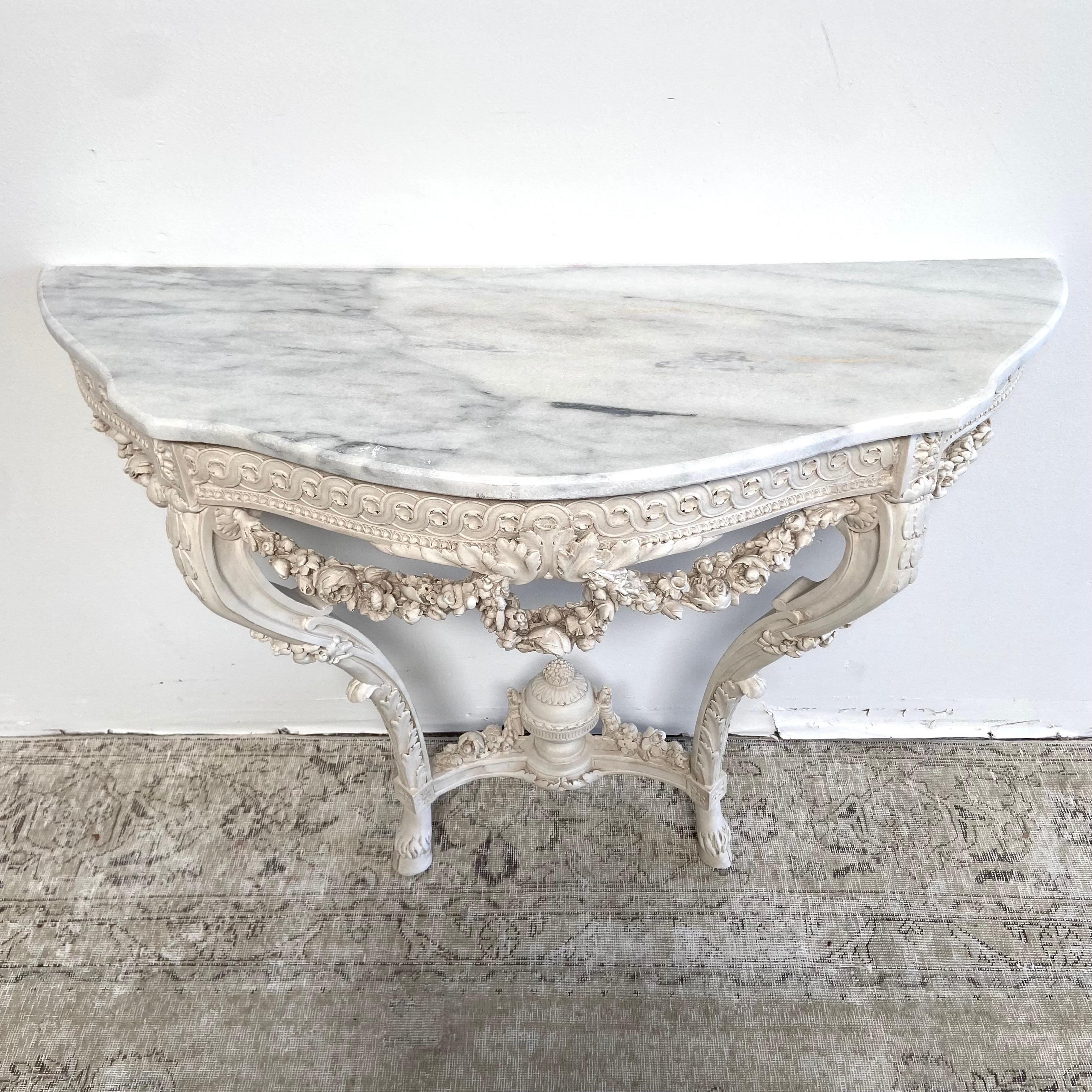 Vintage Painted Rose Swag Console Table with Marble Top In Good Condition In Brea, CA