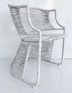 Poltrone vintage dipinte in giunco intrecciato con struttura in metallo, set di 4