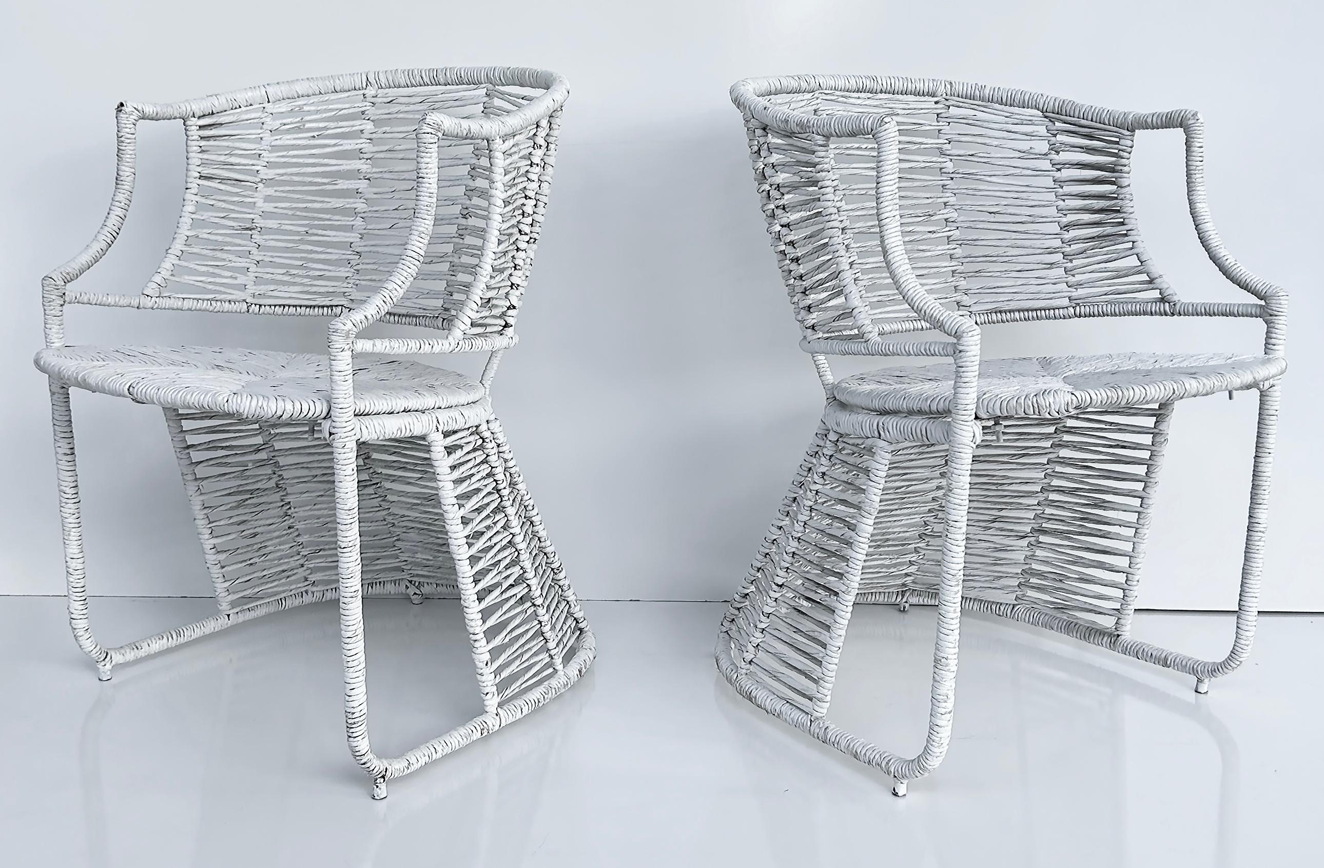 Vintage Painted Rush Wrapped Woven Armchairs with Metal Frames, Set of 4   In Good Condition For Sale In Miami, FL