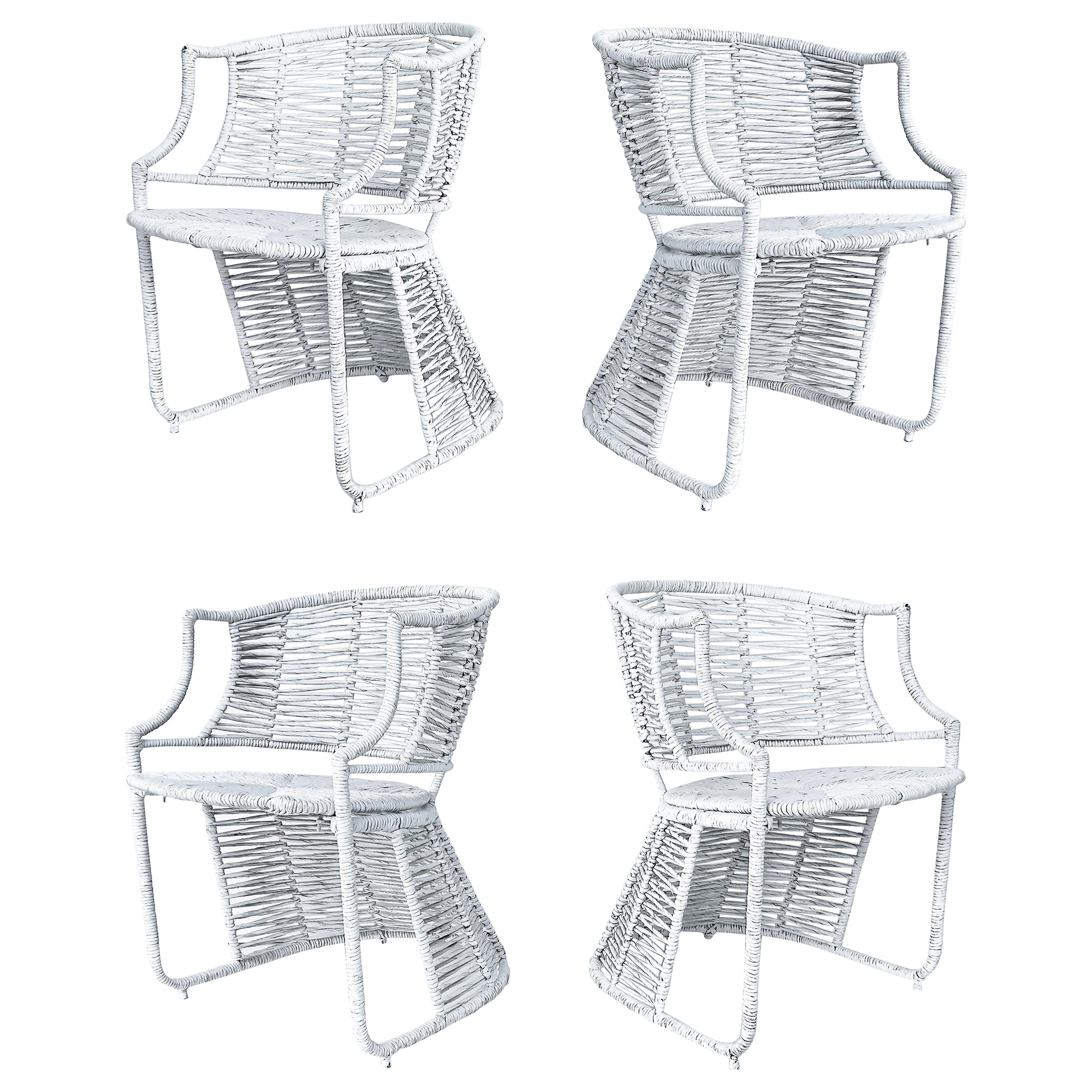 Gewebte Vintage-Sessel mit Binsen umwickelt und Metallrahmen, 4er-Set im Angebot