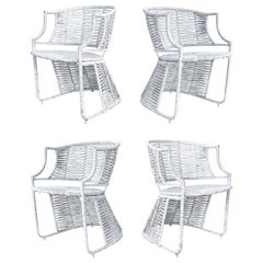Gewebte Vintage-Sessel mit Binsen umwickelt und Metallrahmen, 4er-Set