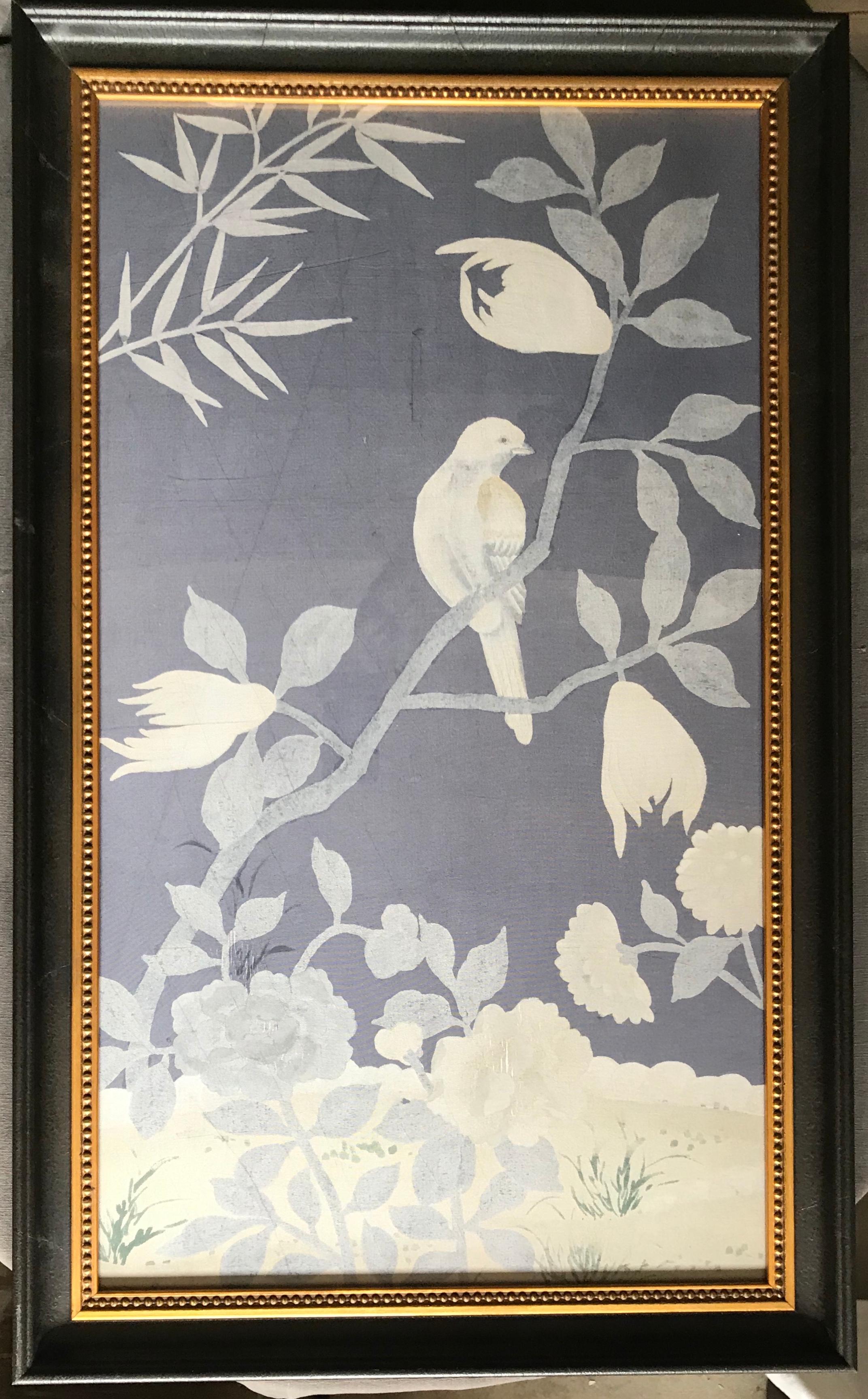 Vintage painted silk bird panel. Delicate chinoiserie style painting on French silk of bird amongst branches and blossoms in black frame with gilt beaded band. France, 20th century. 
Dimensions: 33
