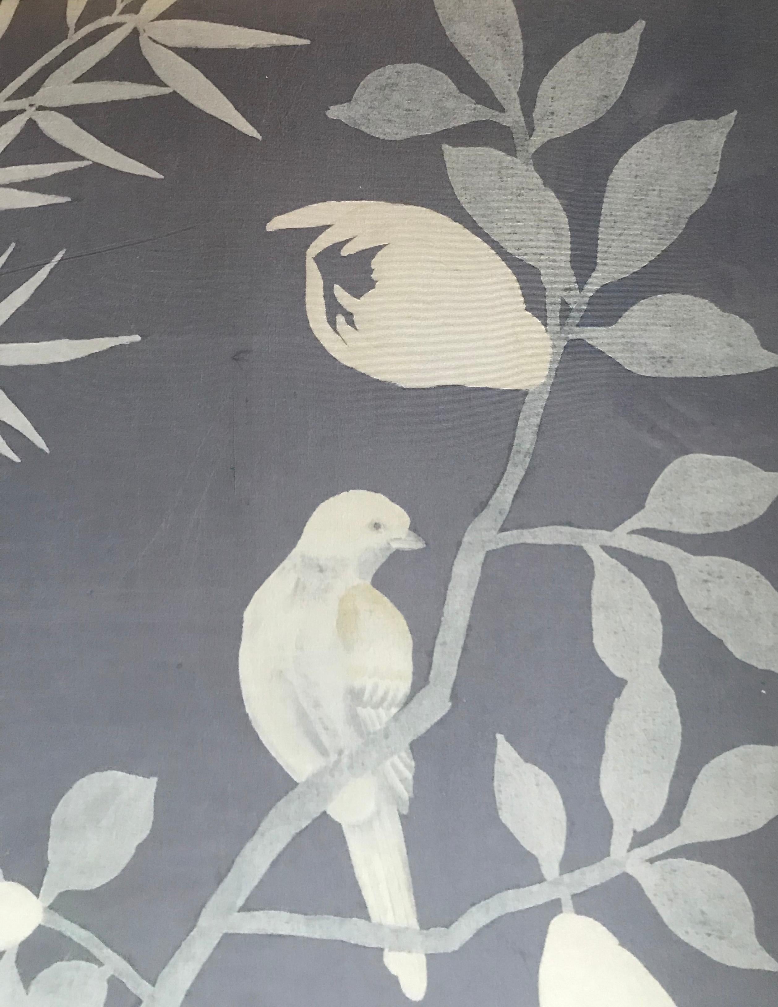 French Vintage Painted Silk Bird Panel For Sale