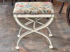 Vintage Painted Stool With Tapestry Upholstery