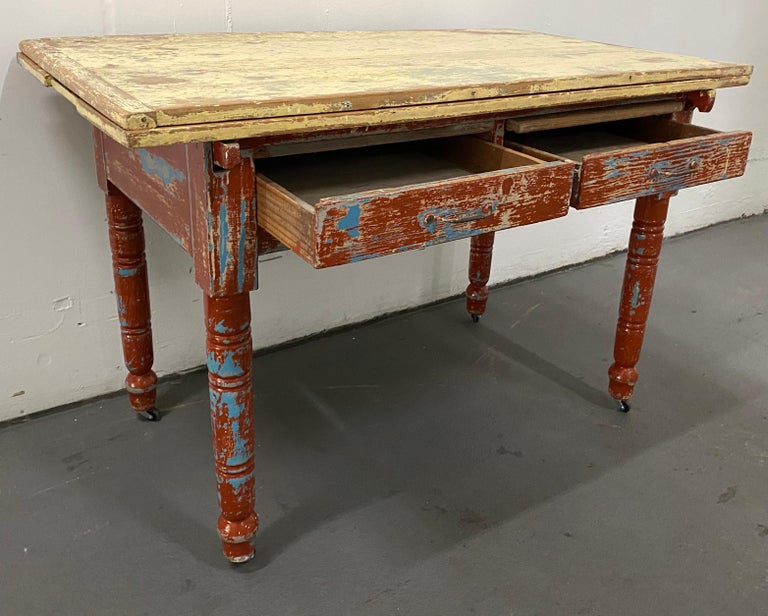 Vintage Painted Table with Two Drawers and Turned Legs, circa 1930 at