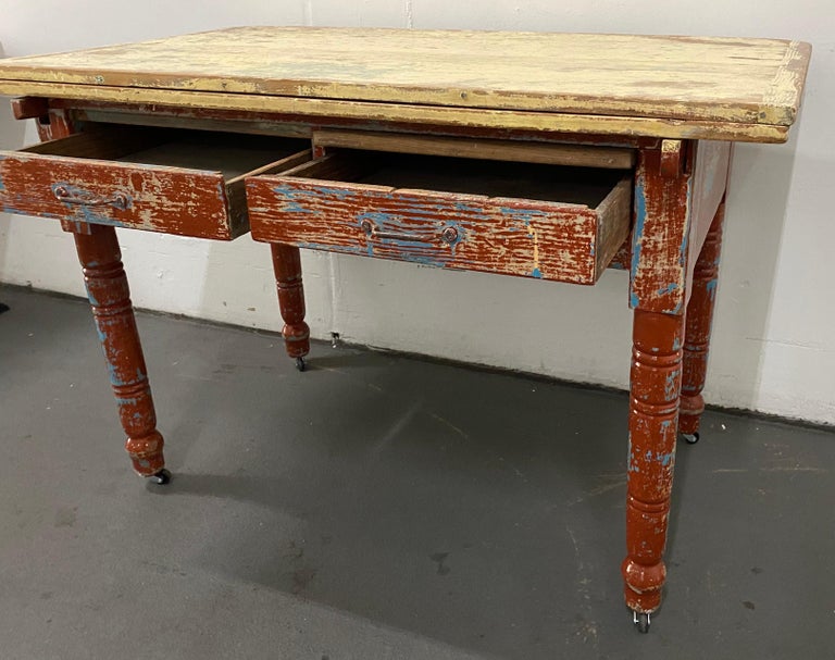 Vintage Painted Table with Two Drawers and Turned Legs, circa 1930 at